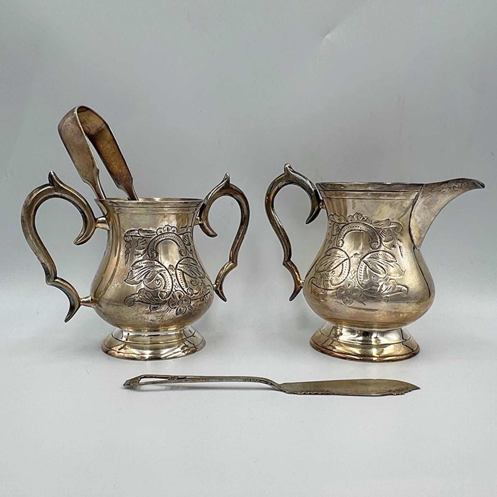 Antique EPNS Silverplate Creamer Sugar Set w Tongs & Butter Knife