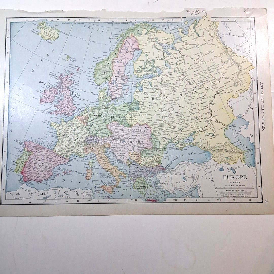 Antique 1905 British Isles United Kingdom Color Map Rand-McNally Atlas Page