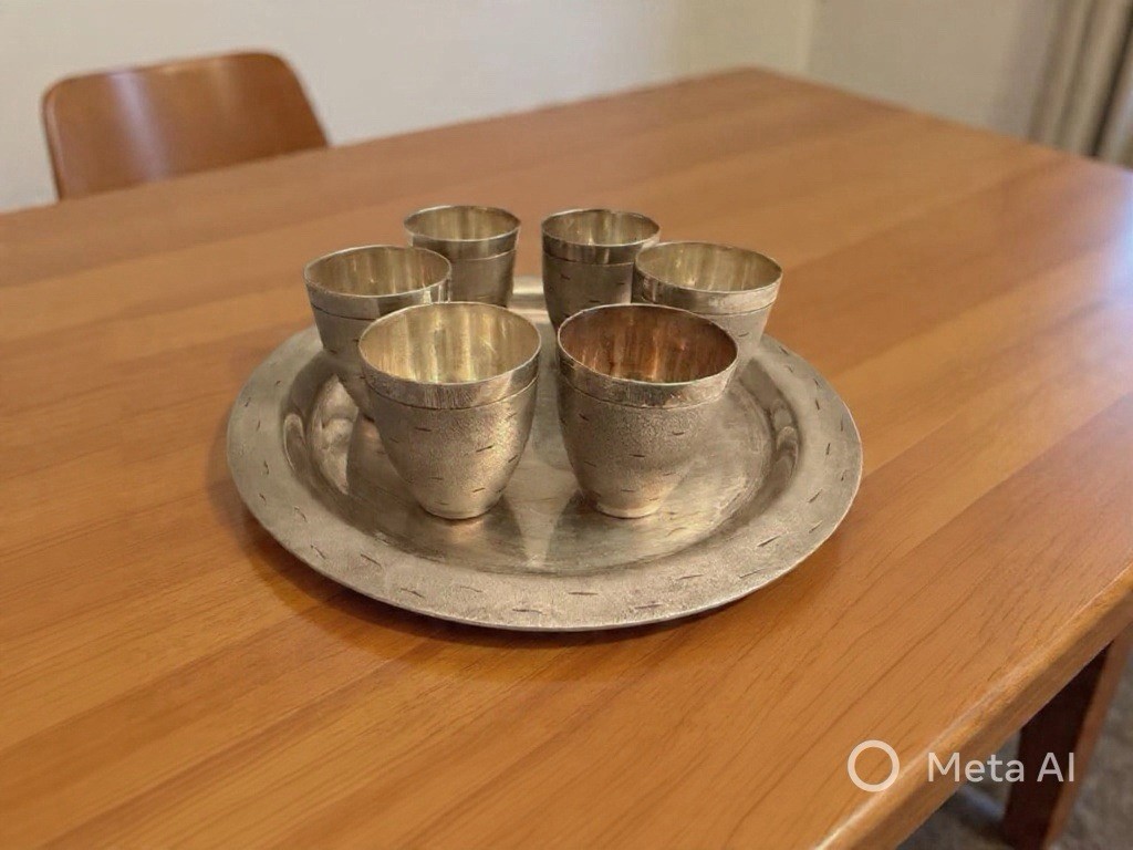 Vintage USSR Silver Kiddush Vodka Set Shot Glass Cups & Tray Cupronickel NOS 50s