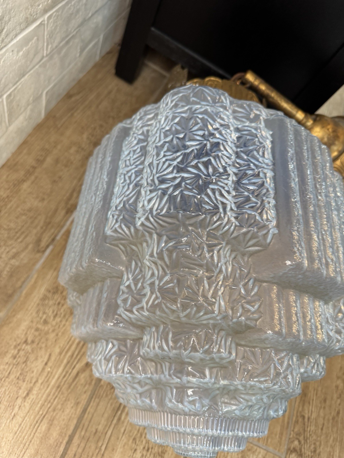 Art Deco Opalescent Ice Blue Stepped Skyscraper Glass Pendant Antique