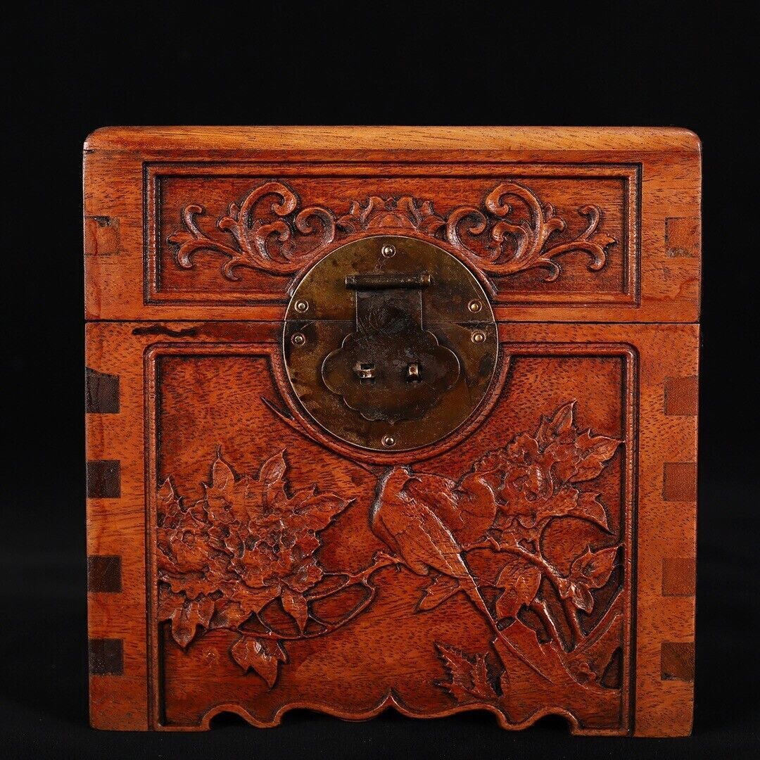 8″ China Huali Wood Flower Bamboo Bird Wooden Jewelry Organizer Box VintageBox