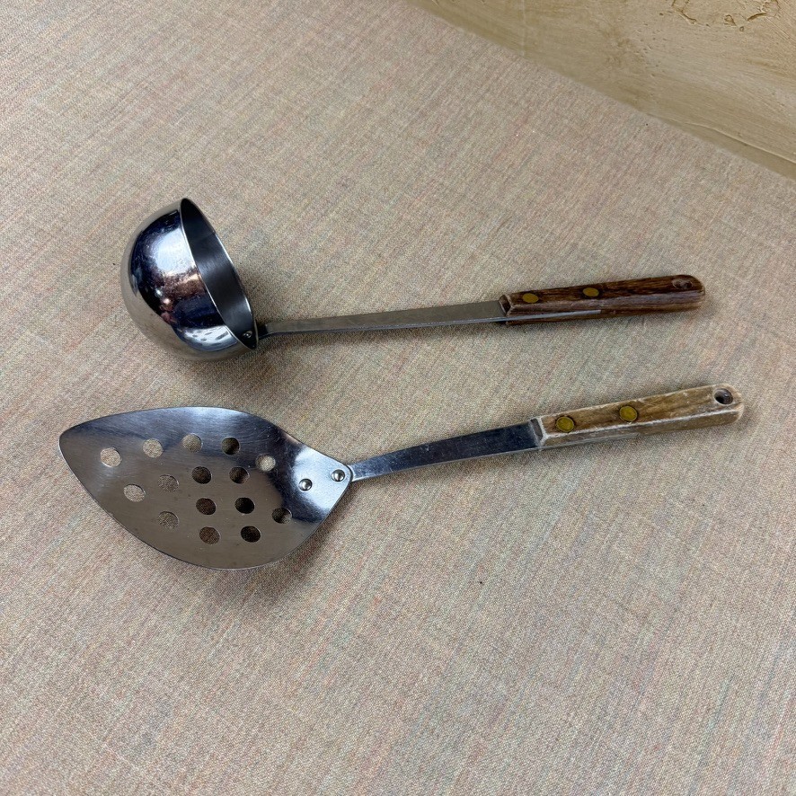 Vintage Stainless Steel Ladle & Slotted Spoon Set Wood Handle Mid Century