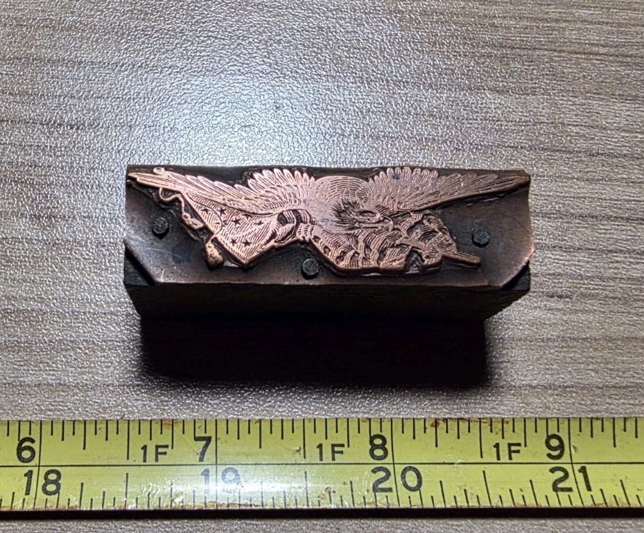 Vintage Letterpress Printing Block Detailed American Eagle Bird Flag Patriotic