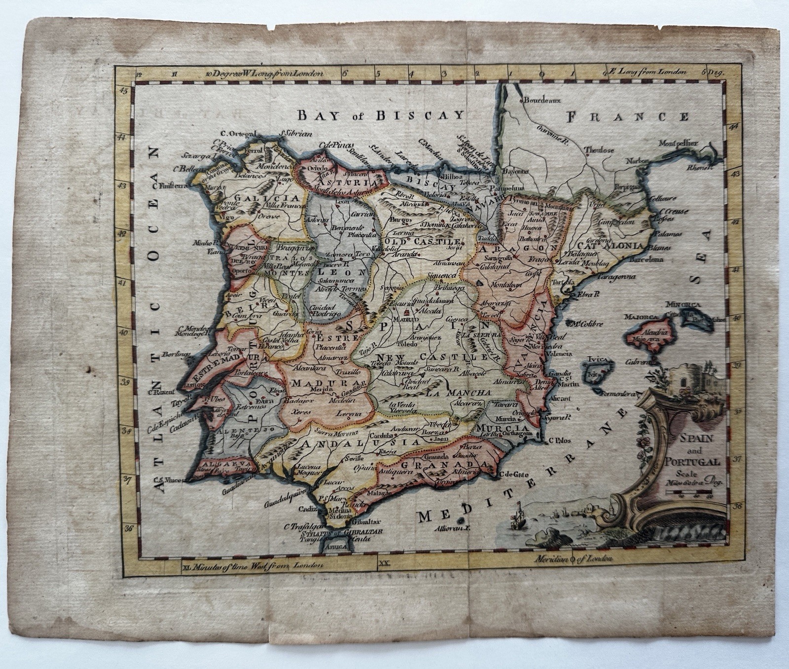 Spain decorative cartouche title 1770 Jefferys engraved hand colored map