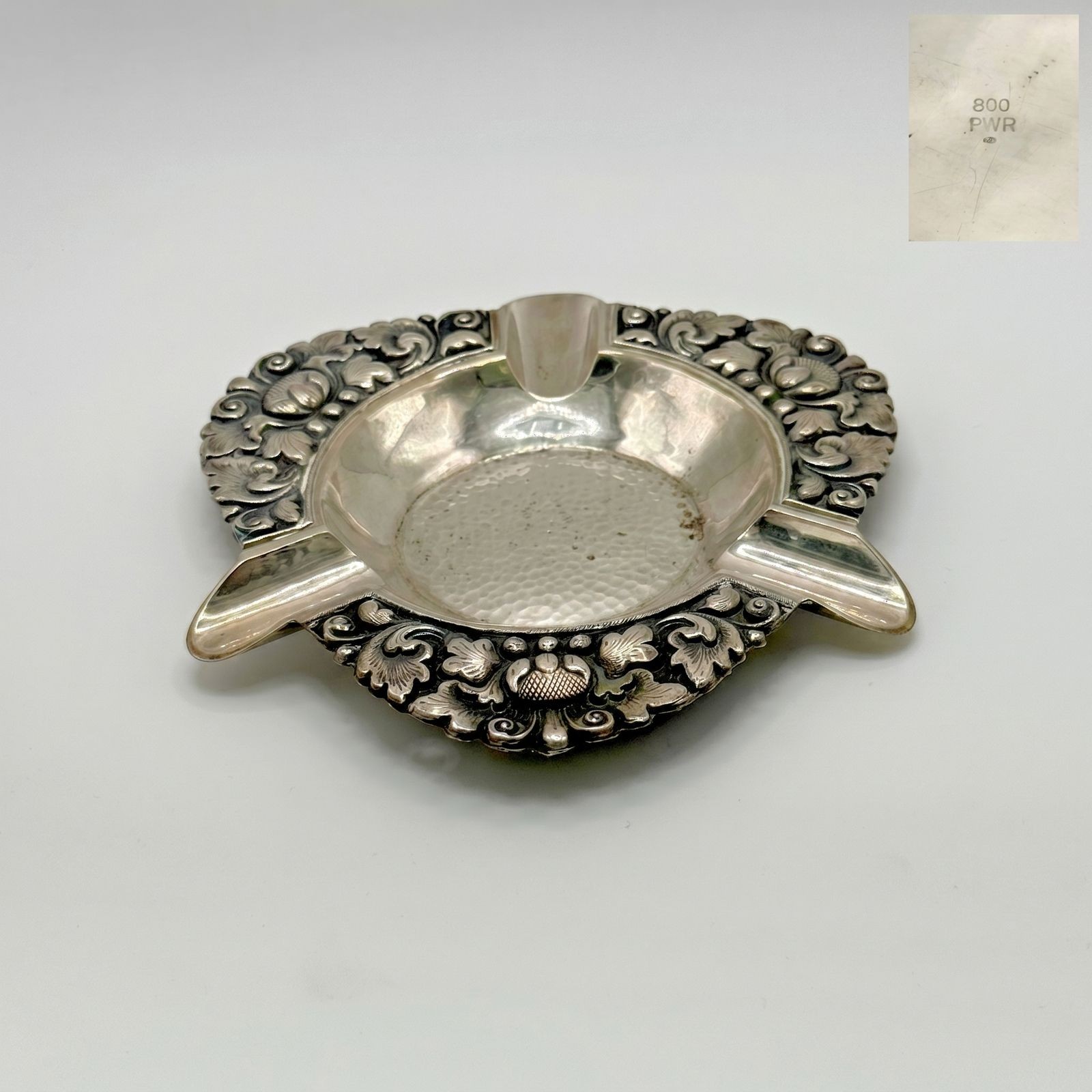 Vintage Indonesian Yogya 800 Silver Ashtray PWR Floral Repoussé Mid-Century