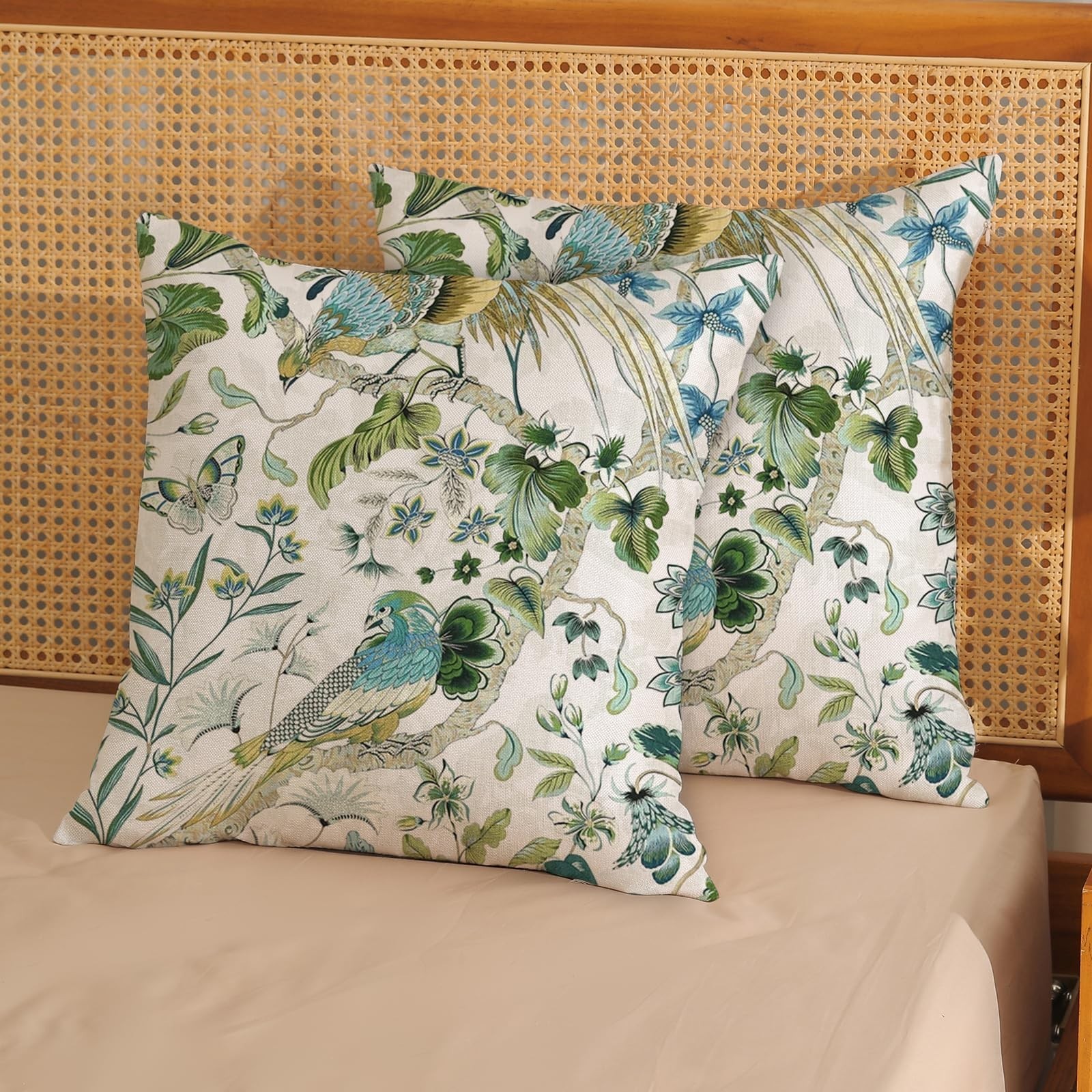Chinoiserie Pillow Covers 18×18 Set of 2 Green Birds Floral Throw Pillow Cove…