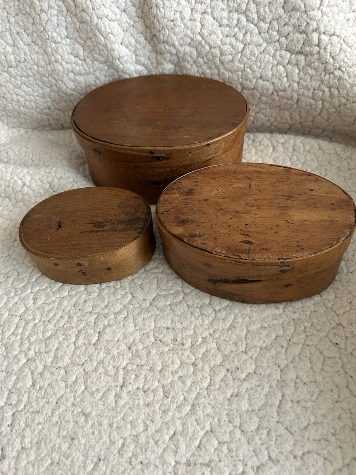 Set of 3 Primitive Wooden Oval Boxes Medium Wood Tone Small Up to 14in.