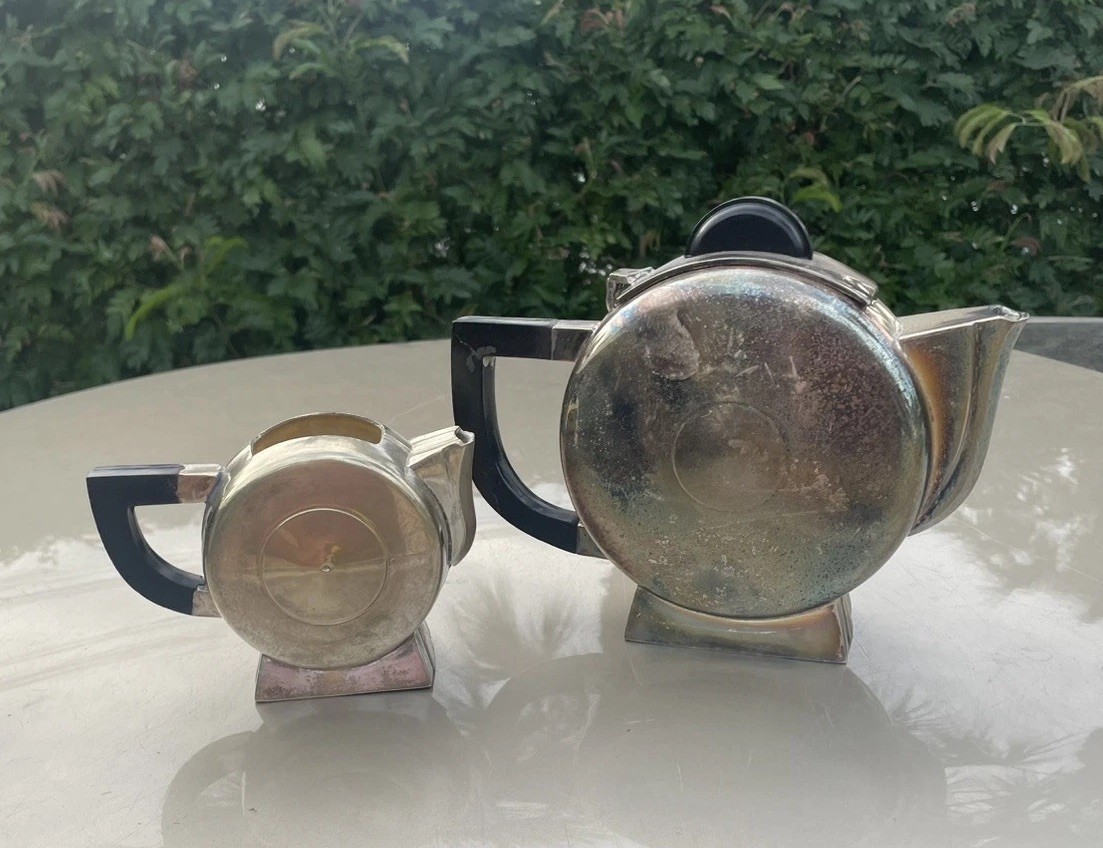 Christian Fjerdingstad, French Art Deco Silverplate Teapot and Creamer