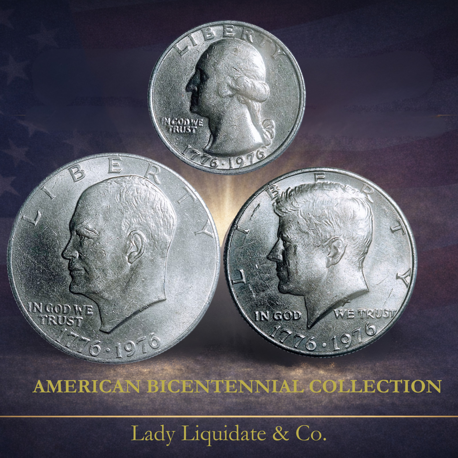 1776-1976 Bicentennial Coin Set – Ike Dollar – Kennedy Half – Quarter