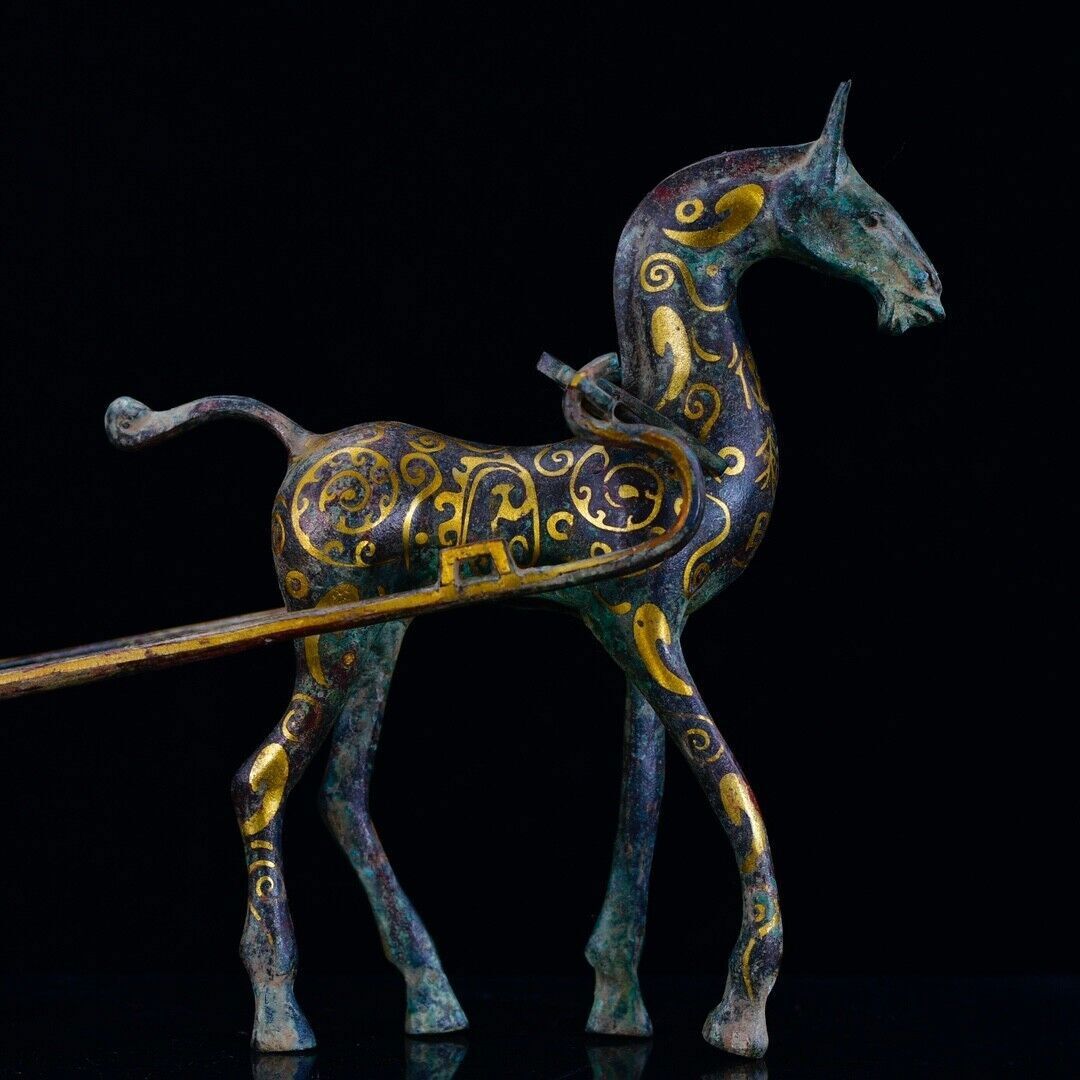 14” Ancient China Bronze gilt Ware Dynasty War Horse drawn cart Sculpture