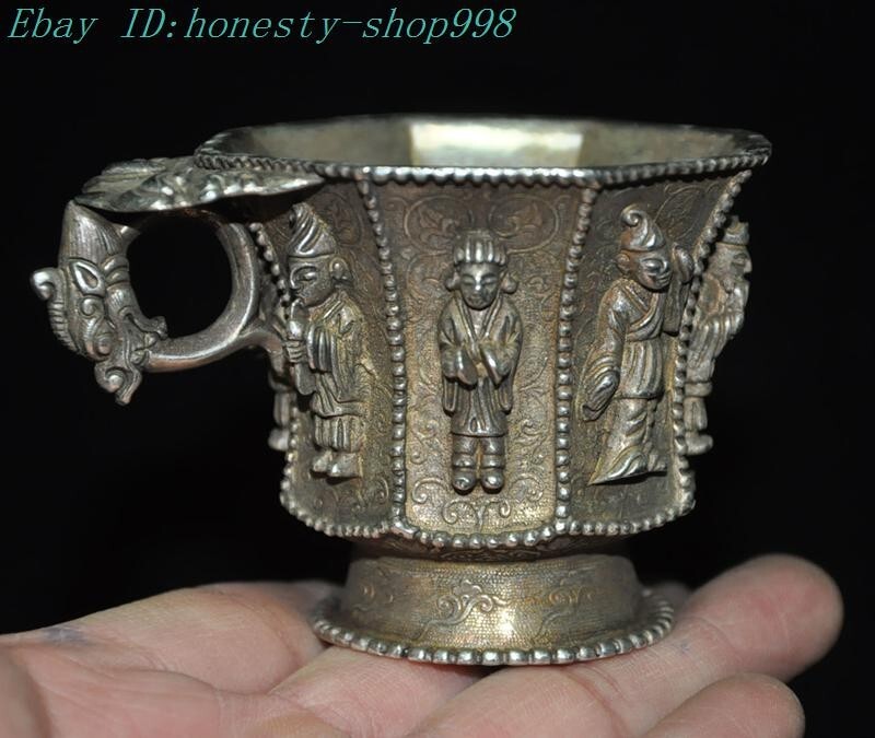 3.6″ China dynasty Tibetan silver ancients people statue Wine vessel Goblet cup