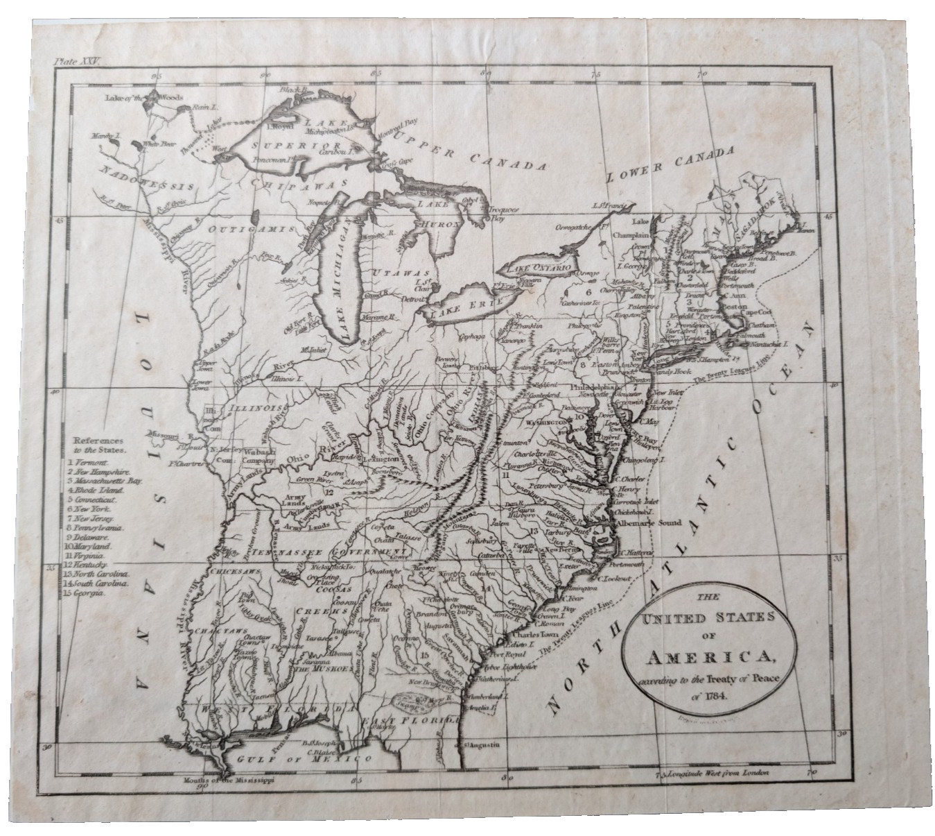 Antique 1795 Map United States Treaty of Peace 1784 John Russell London Atlas