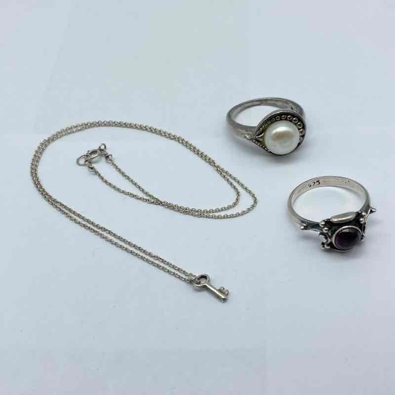 Sterling Silver 925 Garnet Pearl Jewelry Lot 3 Pieces Rings Necklace 13.2g