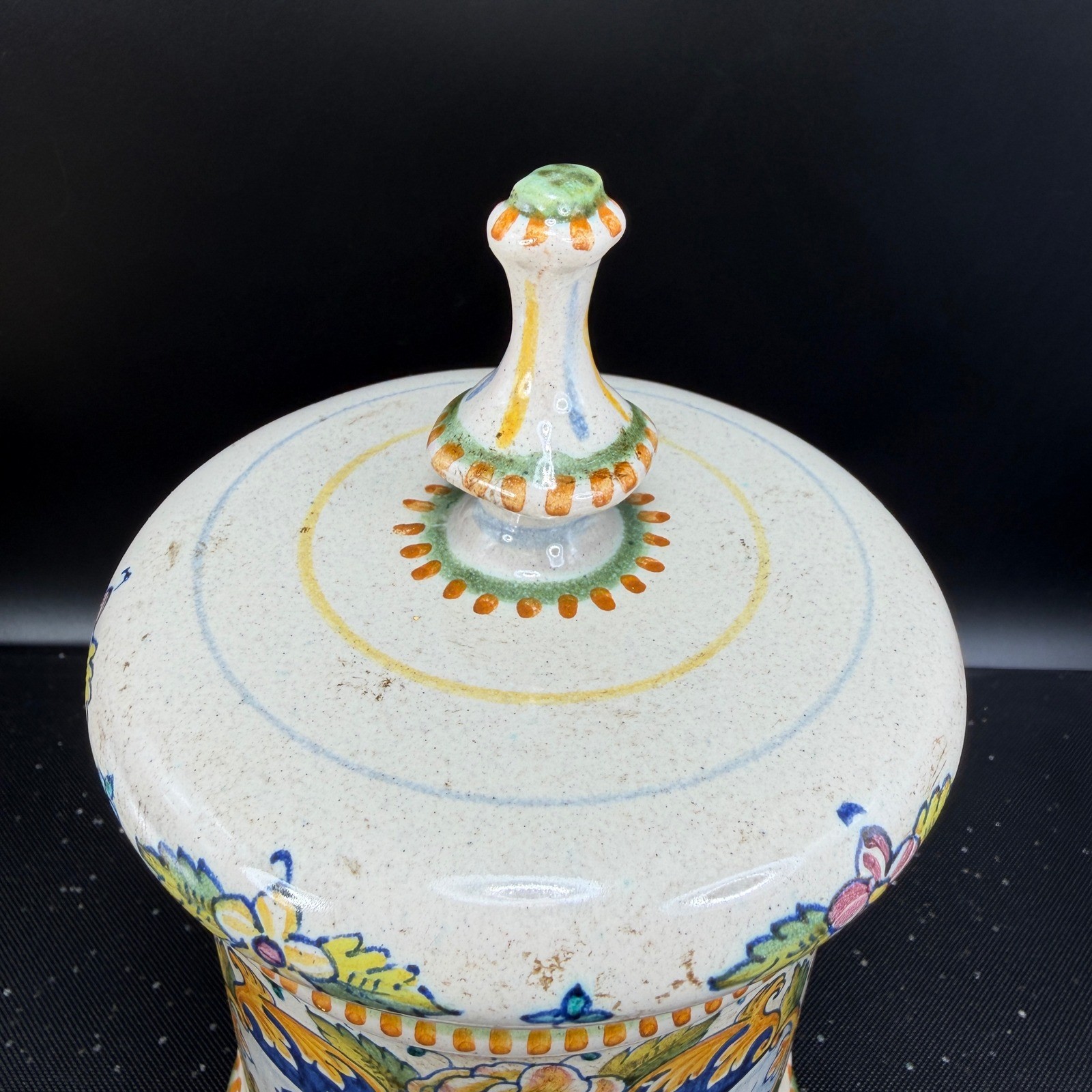 Vintage Italian Ceramic Apothecary Jar Nux Vomica Hand Painted PV Italy 8 Inch