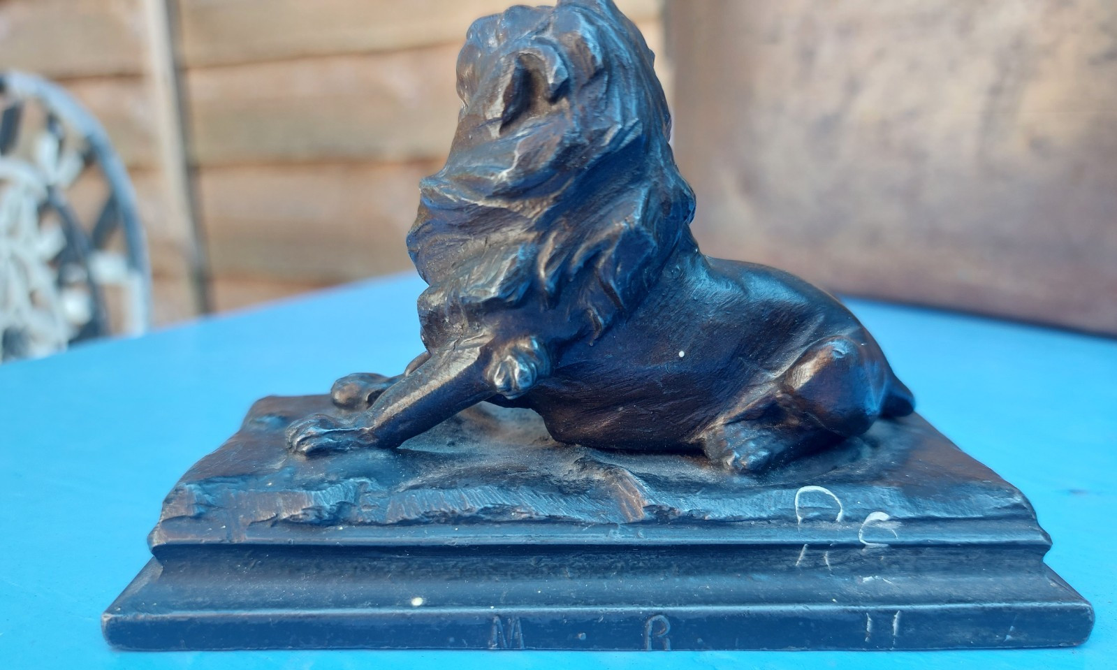 Vintage French cast metal lion on base, desk ornament, spelter