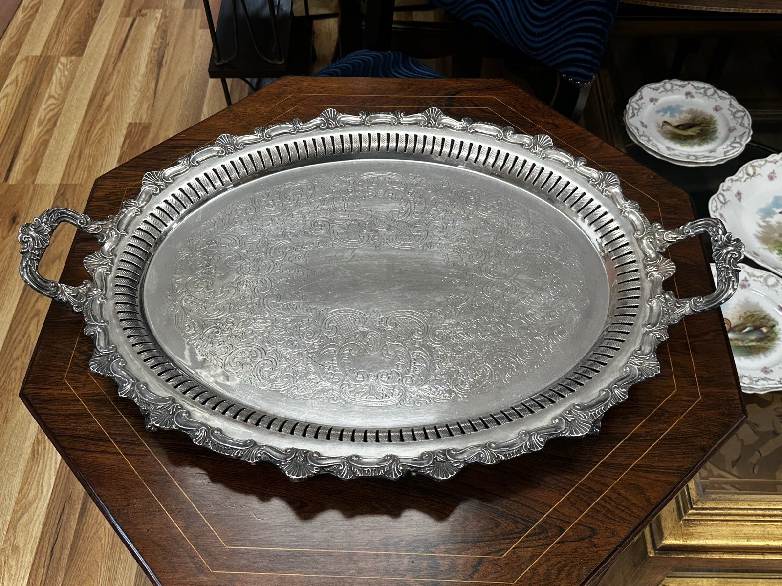 Estate Antique Silver Plate Footed Reticulated Two Handle Serving Platter Tray