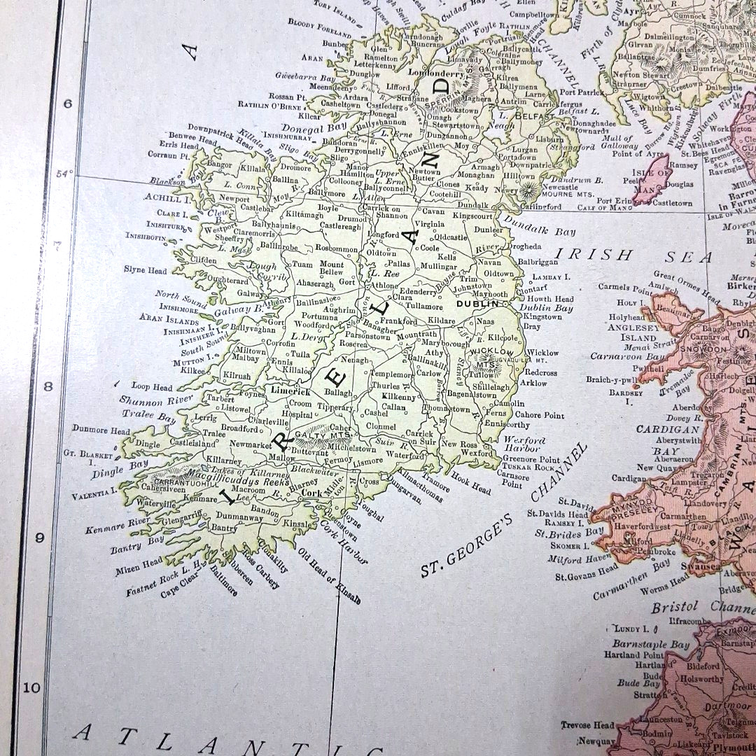 Antique 1905 British Isles United Kingdom Color Map Rand-McNally Atlas Page