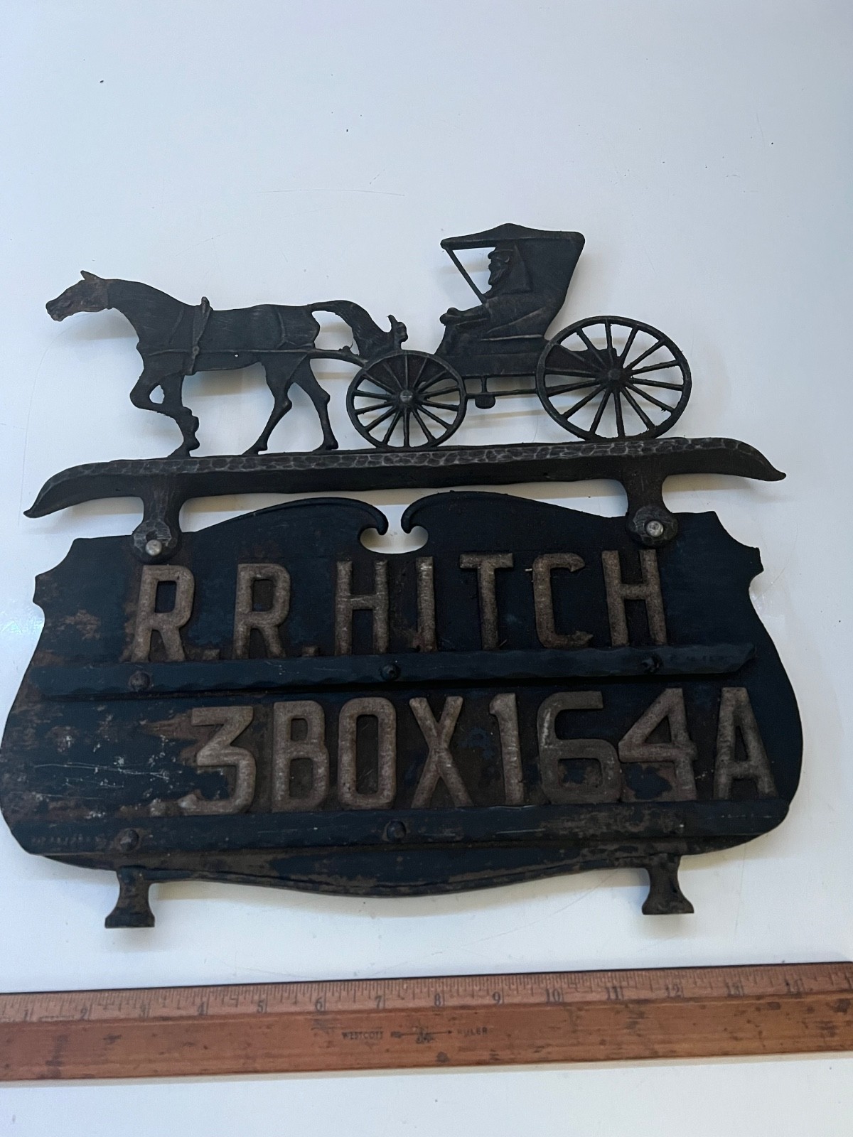 ANTIQUE ALUMINUM HORSE AND BUGGY HOUSE FARM MAILBOX NAME AND ADDRESS SIGN