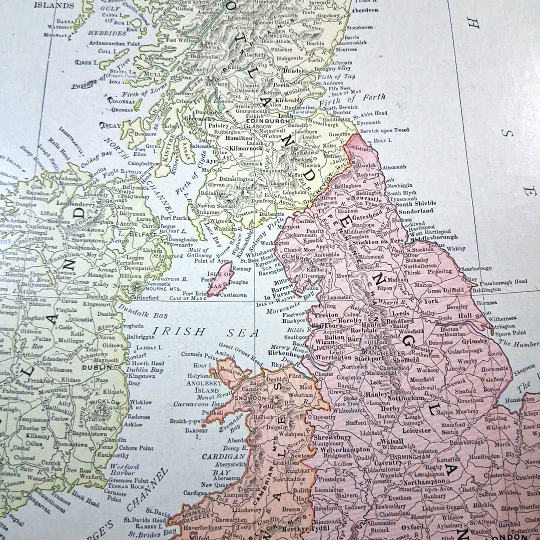 Antique 1905 British Isles United Kingdom Color Map Rand-McNally Atlas Page