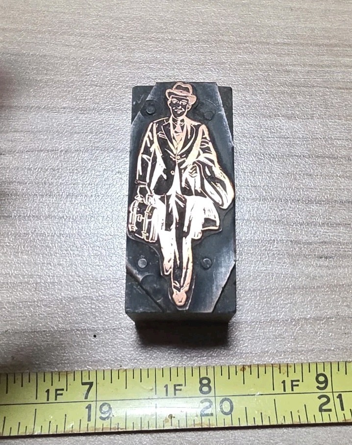 Vintage Letterpress Printing Block Business Man Suit Tie Hat Briefcase