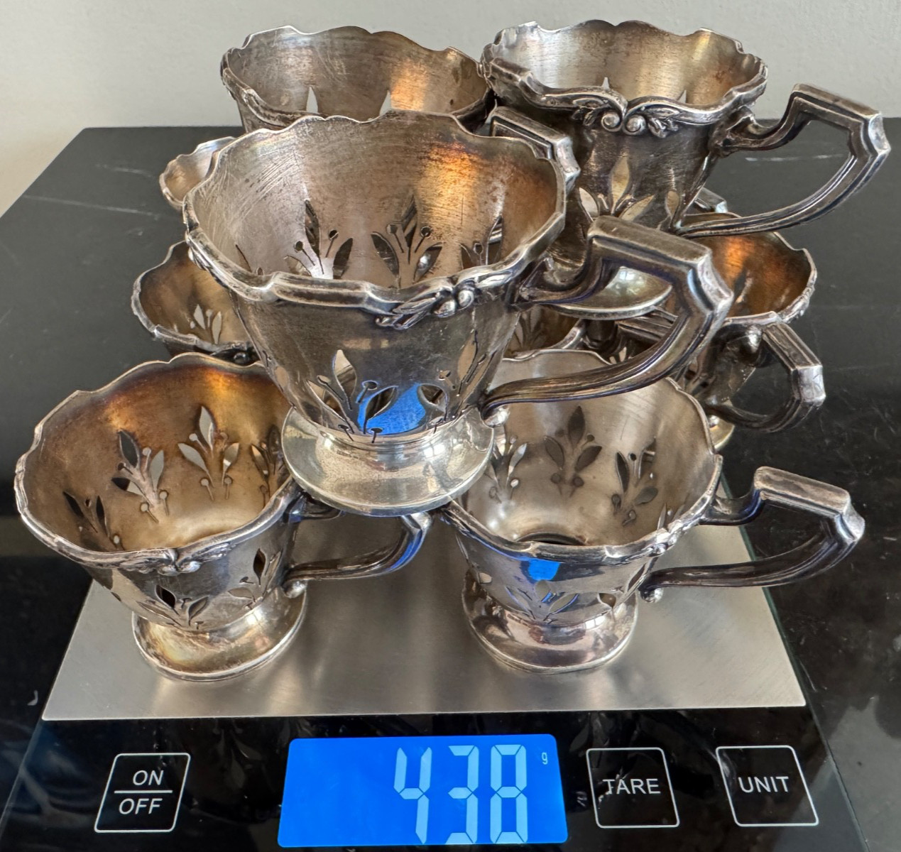 Meriden Britannia 11 Sterling Silver Cup Holders with 5 Lenox Inserts 438 Grams