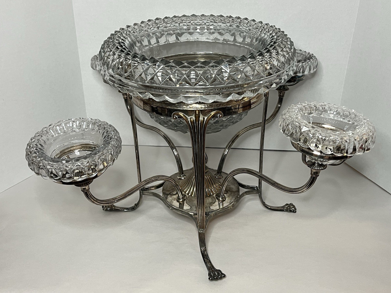 Antique Silver Plate Footed Epergne w 1 Lg 4 Sm Leaded Cut Glass Bowls