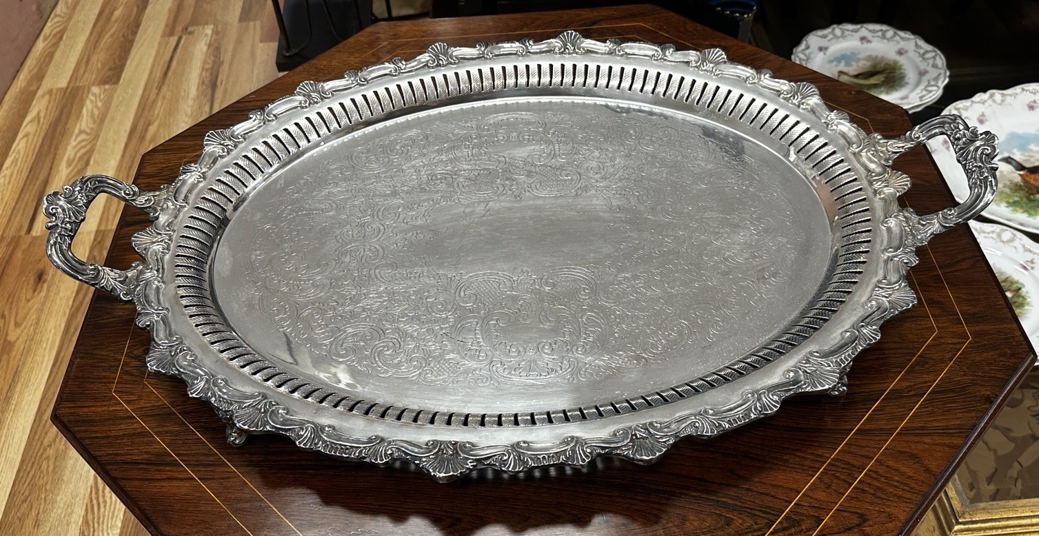 Estate Antique Silver Plate Footed Reticulated Two Handle Serving Platter Tray