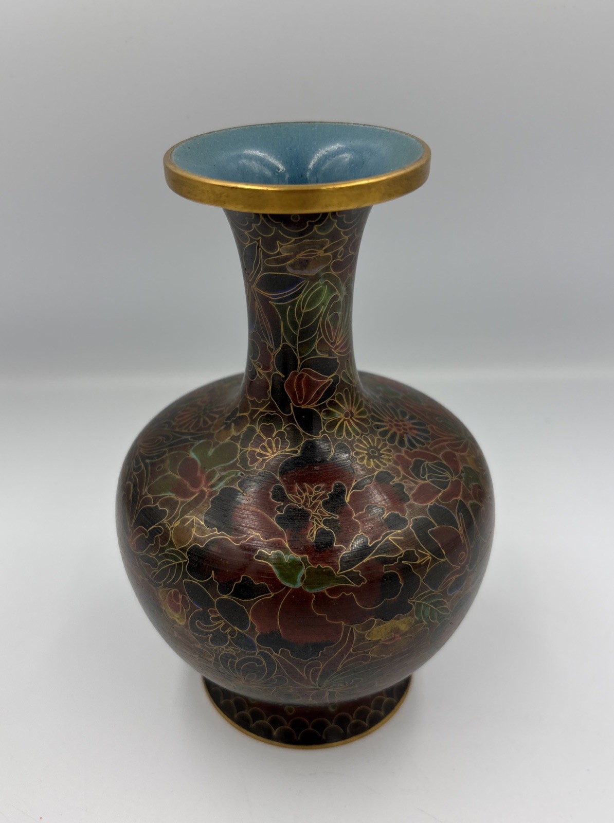 Japanese Cloisonné Vase With Multicolor Flower Designs Vase Blue Bottom 6”