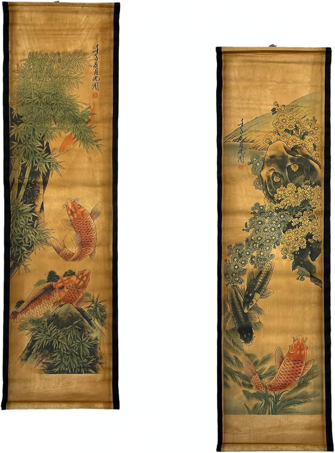 4 Pcs Wall Scroll Painting Japanese Koi Fish Flower Fengshui Art Decor
