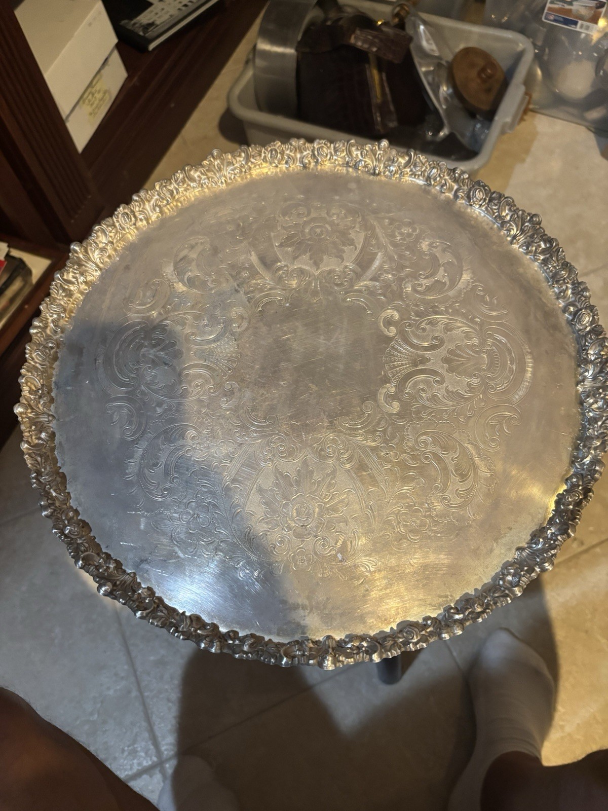 Sheffield Plate Round Silverplate Serving Tray Platter, Victorian Floral Rim