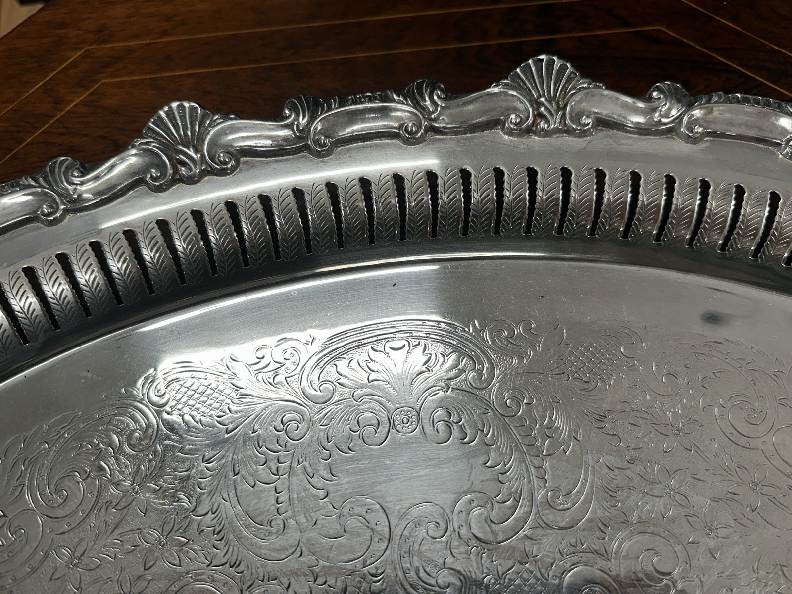 Estate Antique Silver Plate Footed Reticulated Two Handle Serving Platter Tray