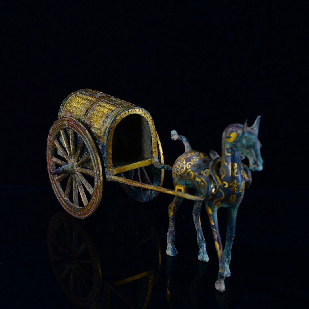 14” Ancient China Bronze gilt Ware Dynasty War Horse drawn cart Sculpture