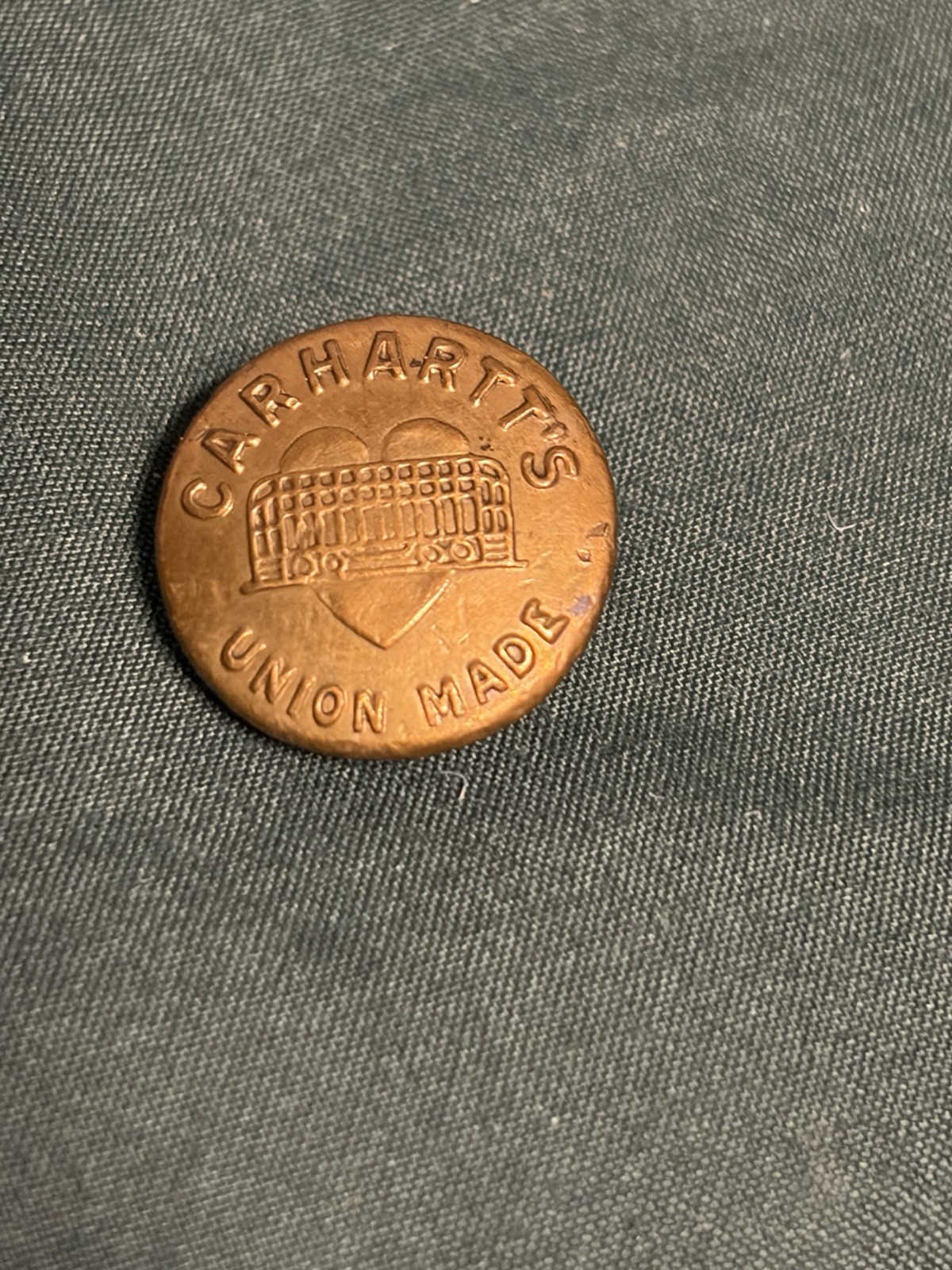 Antique Carhartt Overalls Work Clothes Brass Wobble Shank Button “Union Made”