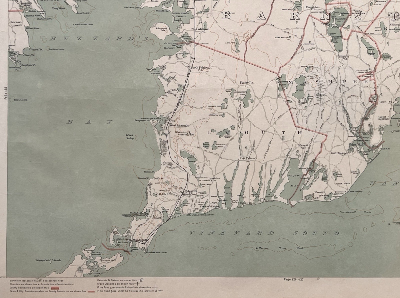 1891 Original Cape Cod Map,Falmouth,Mashpee,Sandwich,Barnstable,Mass,MA,Bay,Old