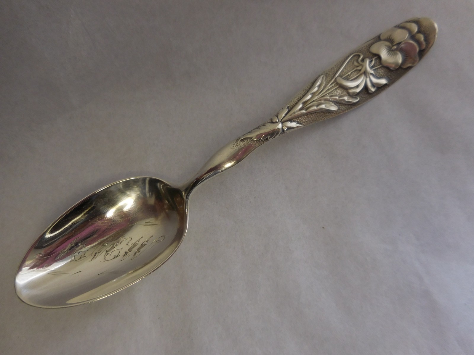 GEORGE W SHIEBLER FLORA 1887 STERLING SILVER TEASPOON PANSY #10 VARIANT