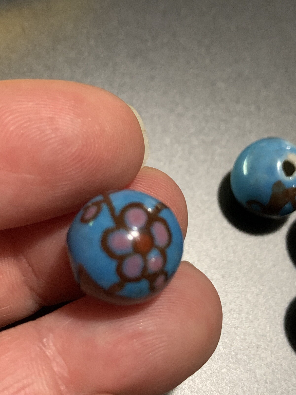 One Vintage Blue Porcelain Chinese Bead Pink Blossoms Flowers Braches 12mm Round