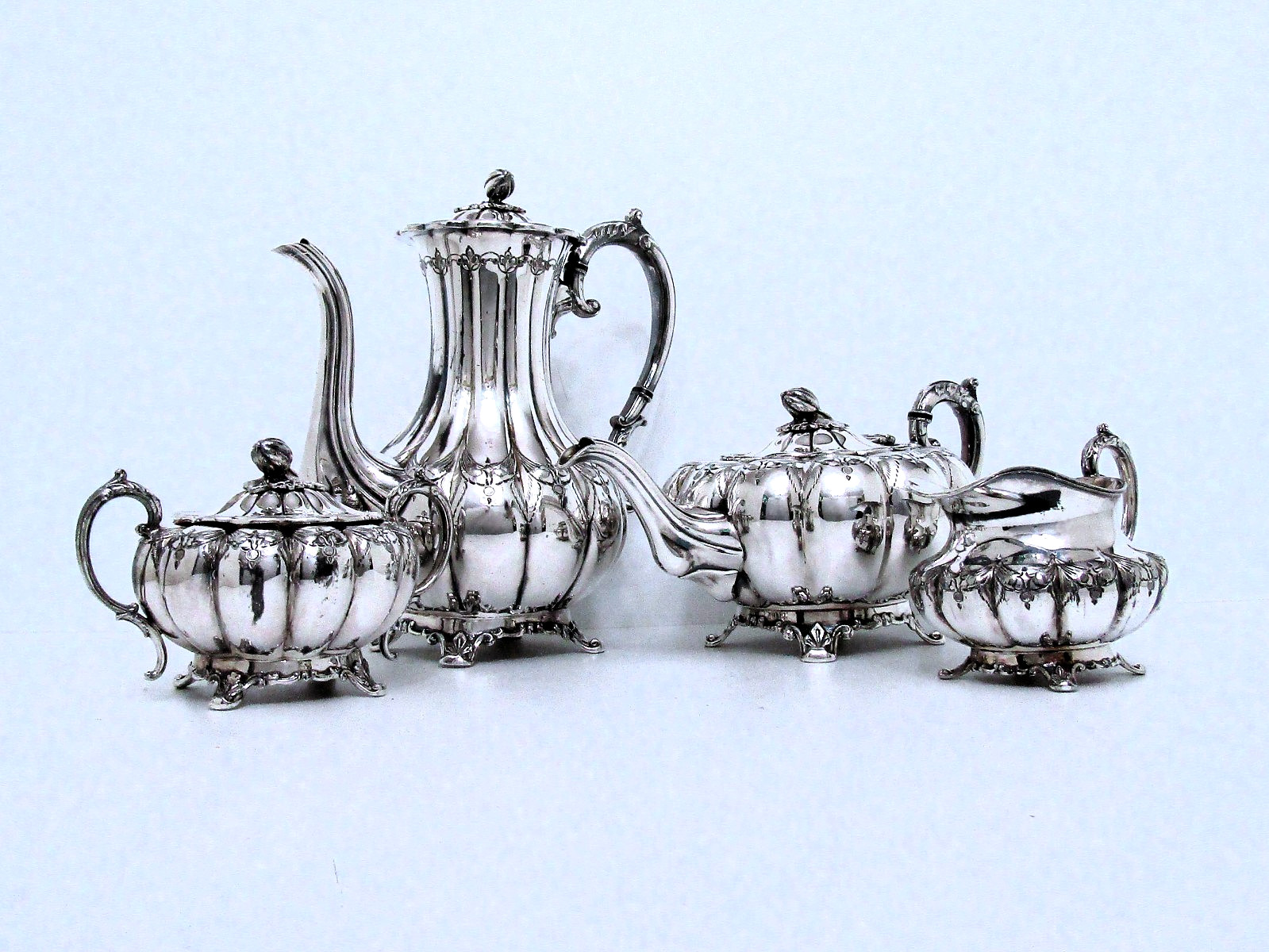 1890 JAMES DIXON & SONS ENGLAND EPBM AESTHETIC MELON CHASED COFFEE TEA SET