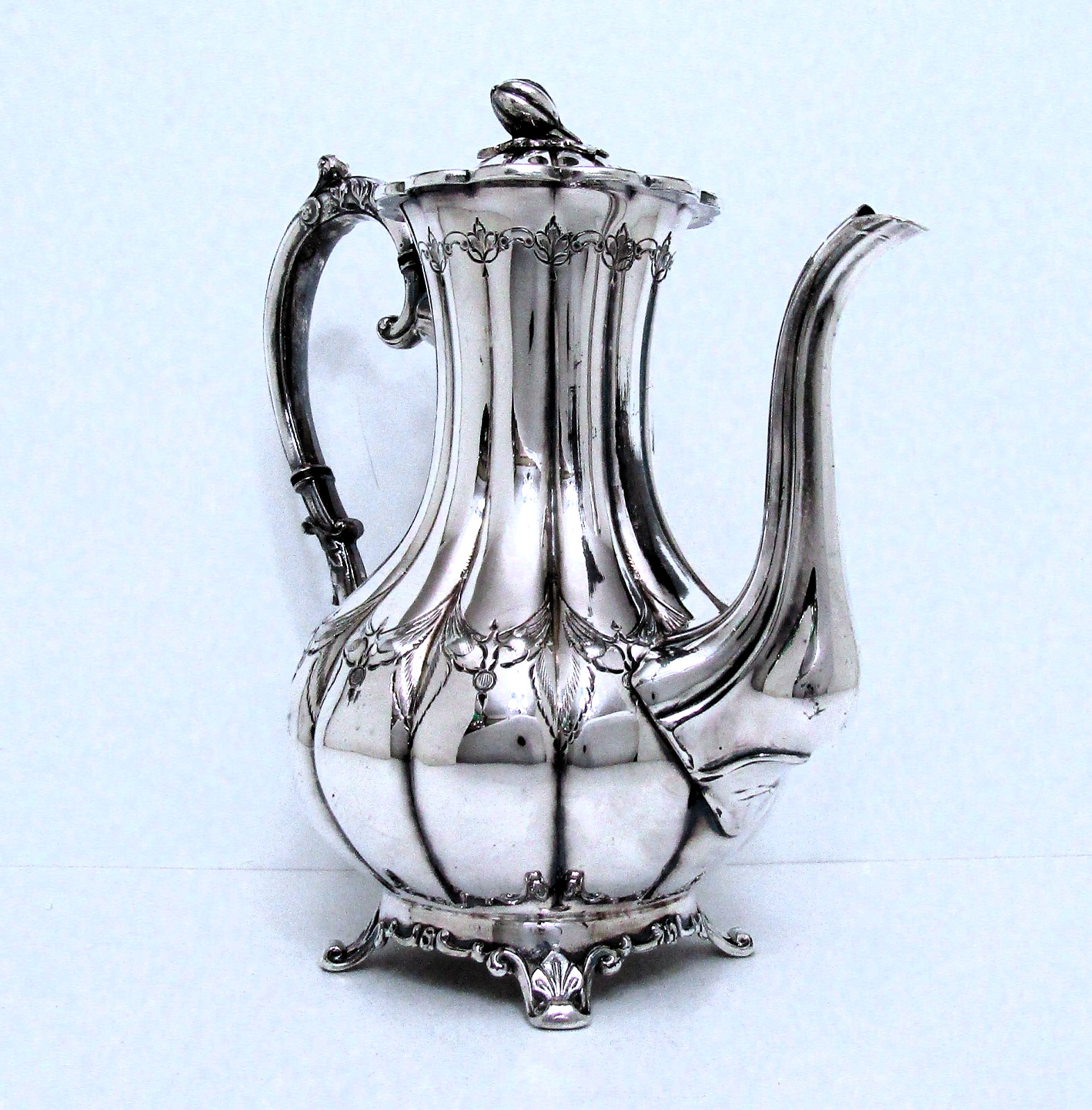 1890 JAMES DIXON & SONS ENGLAND EPBM AESTHETIC MELON CHASED COFFEE TEA SET
