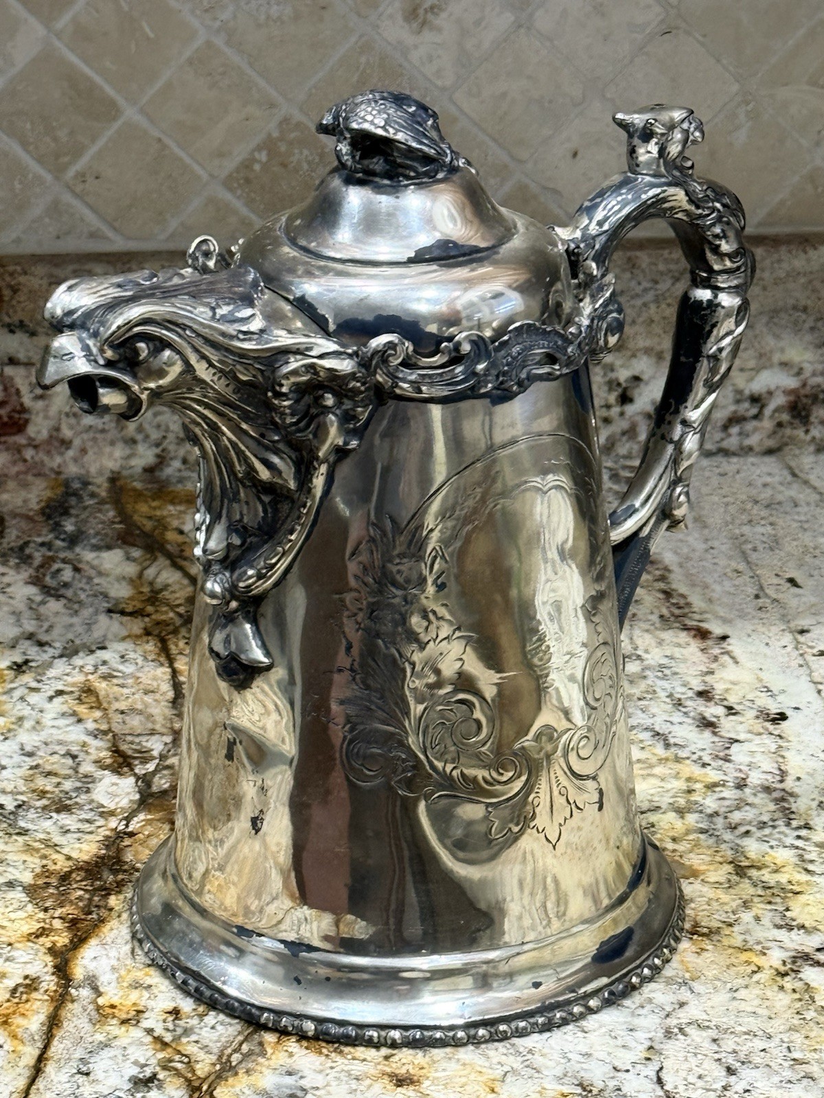 ⭐Antique Silver Plate Water Pitcher E Kaufman Eagle Animal Etched Details 12″