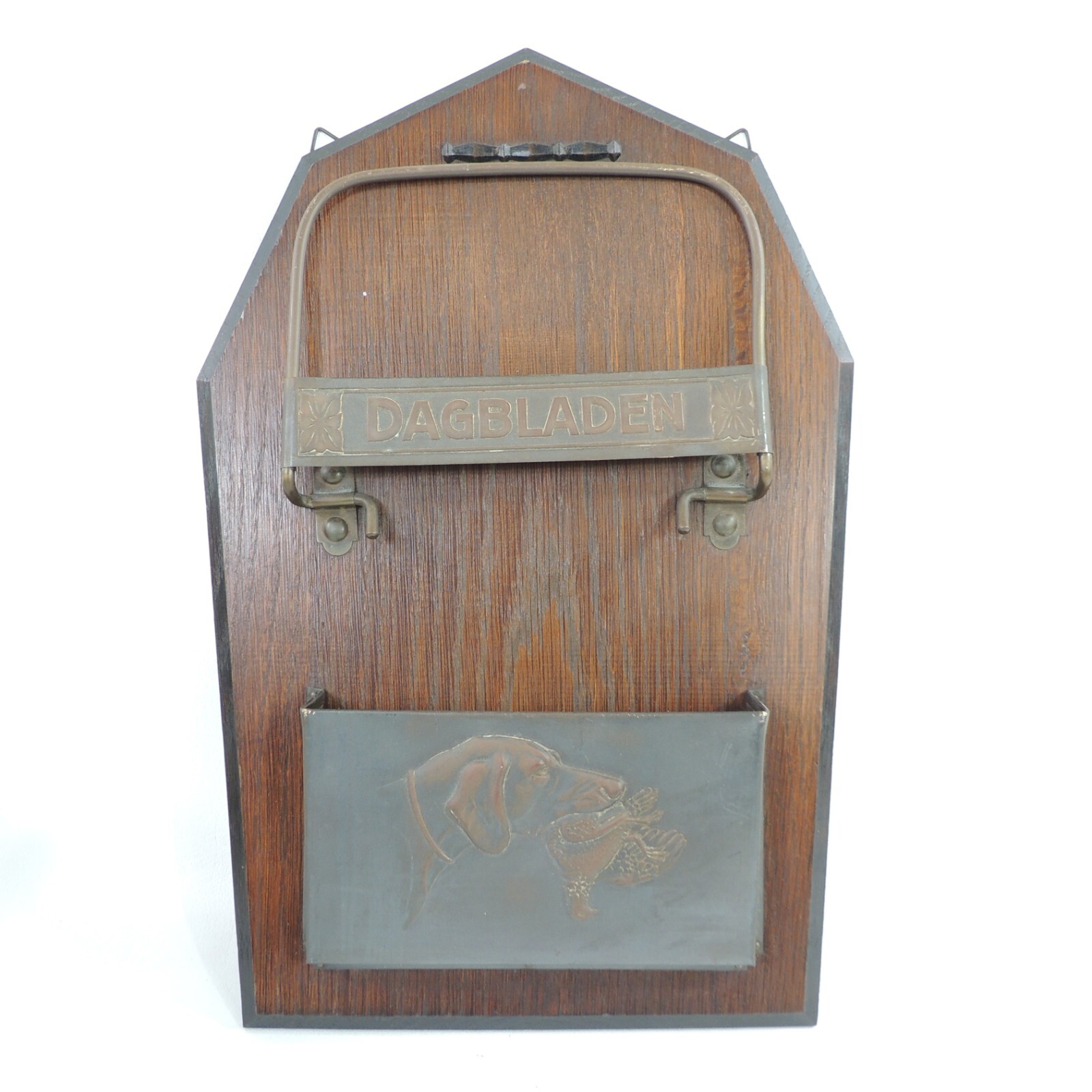 Antique Dutch Dagbladen Wood & Brass Newspaper & Mail Holder Hunting Dog w Bird