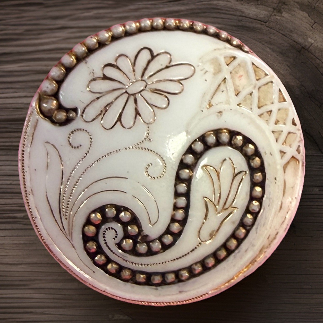 Antique Victorian White Glass Button – Paisley Design, Black Paint & Gold Luster