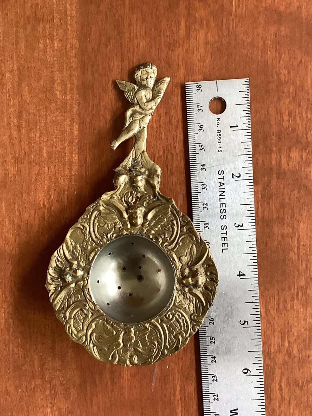 Antique Ornate Early 1900s Italian Brass & Silver Tea Strainer Cherubs Gorgeous