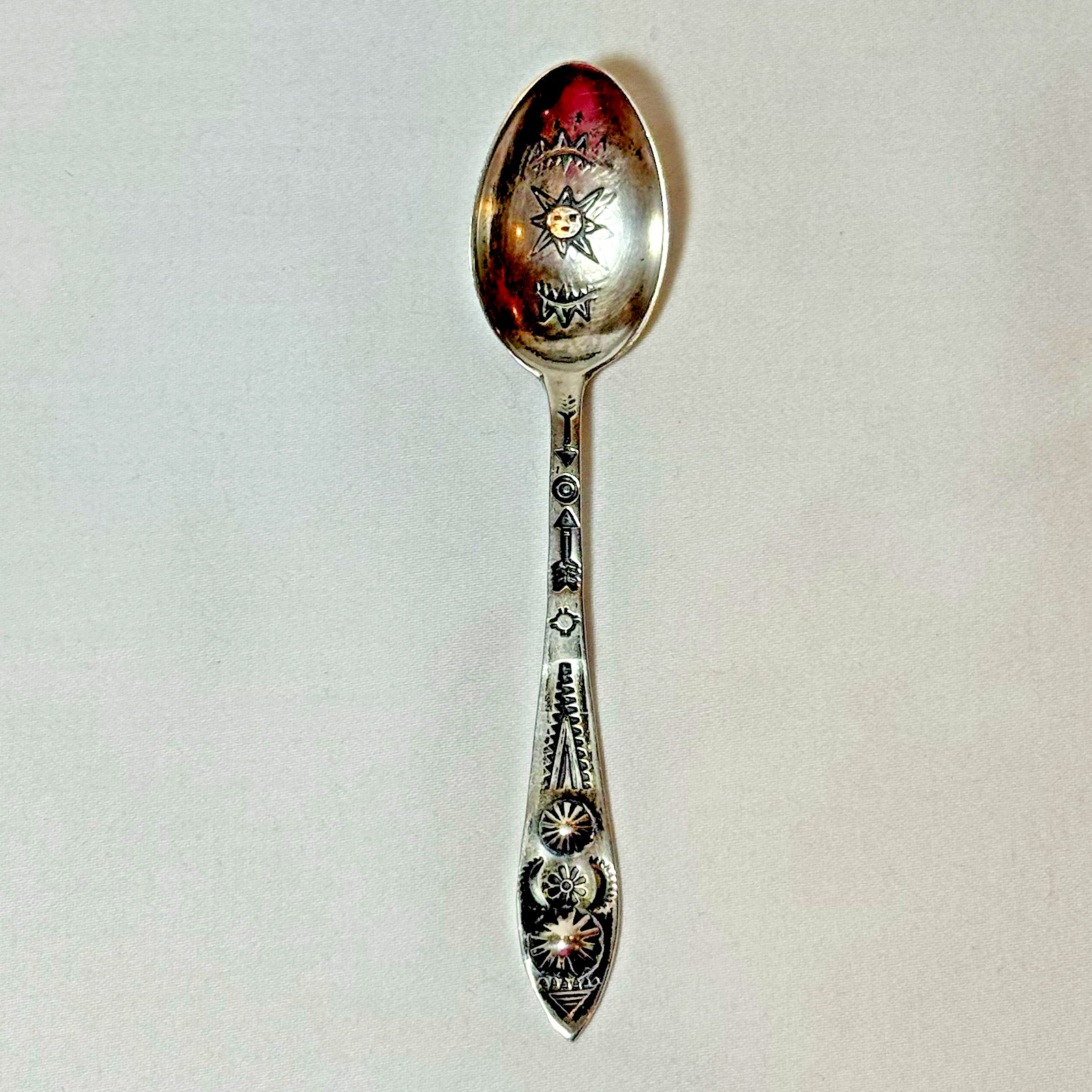 1930s Fred Harvey Era Native American Stamped Coin Silver Baby Spoon