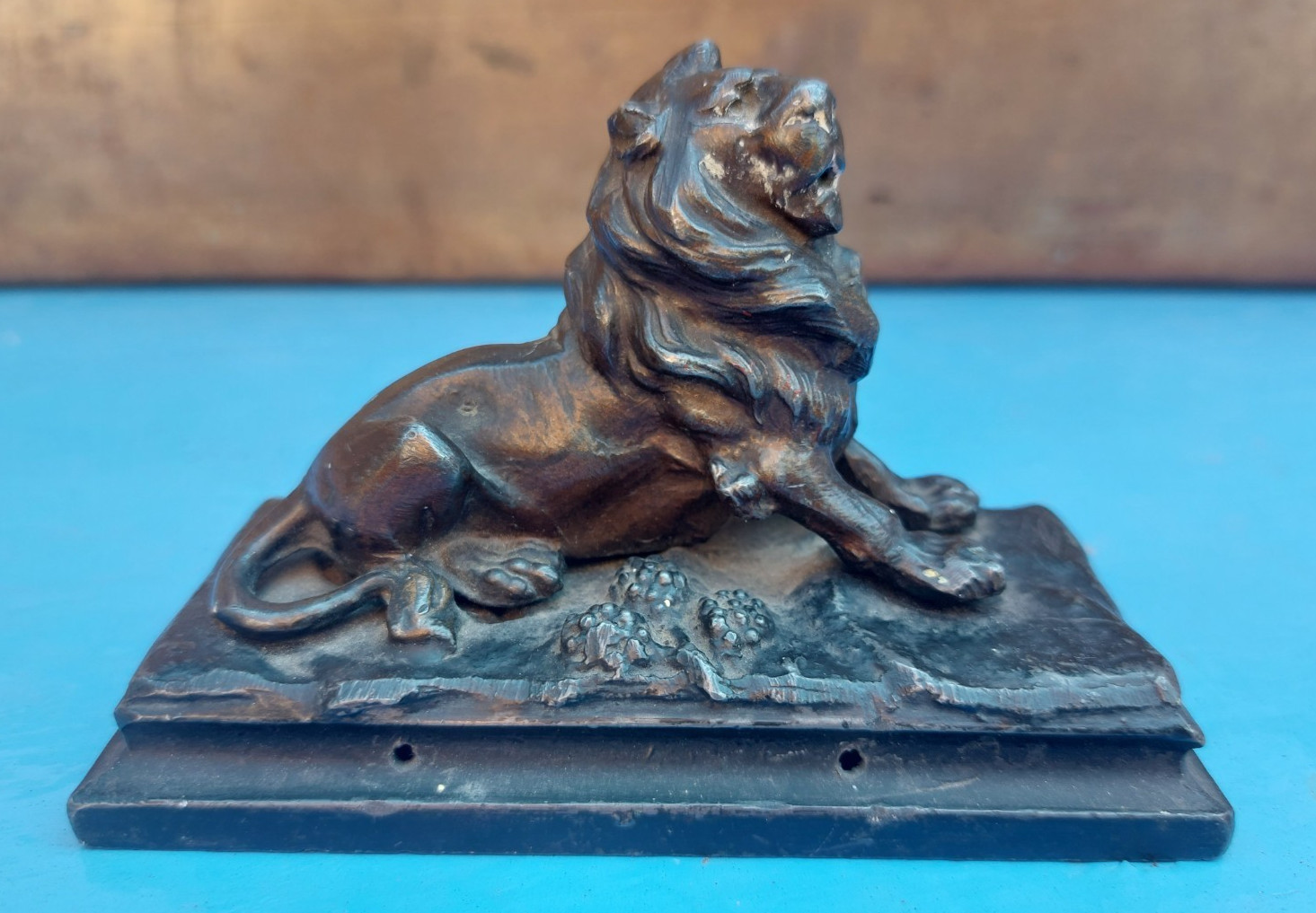 Vintage French cast metal lion on base, desk ornament, spelter