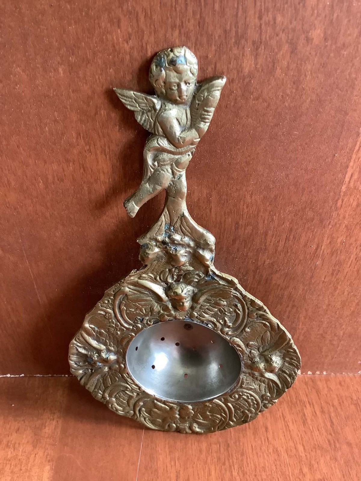 Antique Ornate Early 1900s Italian Brass & Silver Tea Strainer Cherubs Gorgeous