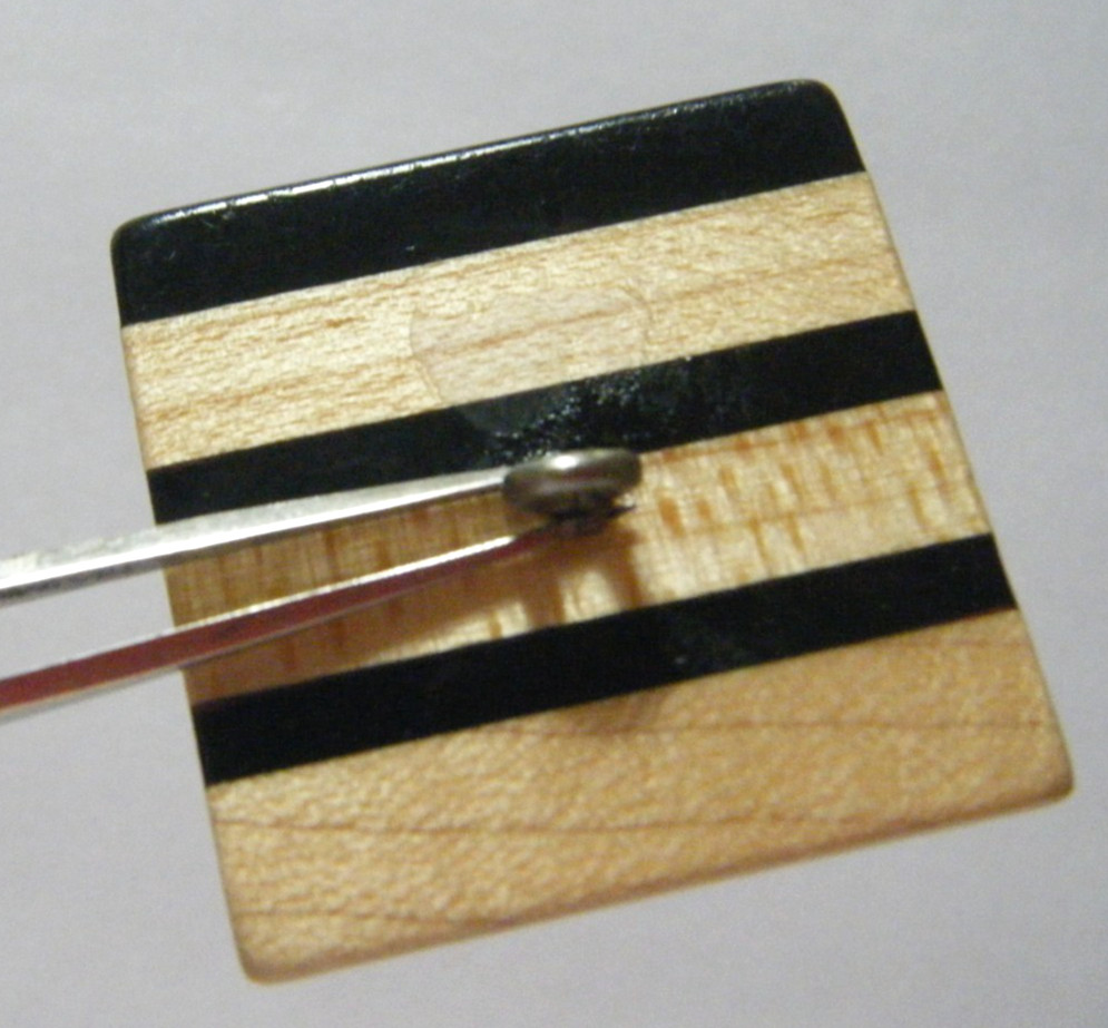 Vtg button large wooden square pyramidal shape Marquetry ART inlay metal shank
