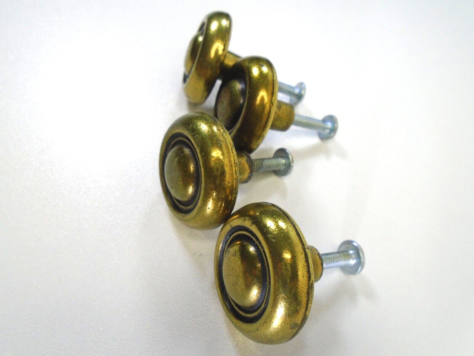 Vtg Brass Bullseye Knobs Set 4pc 1-1/4″ Round Dresser Drawer Cabinet Knobs