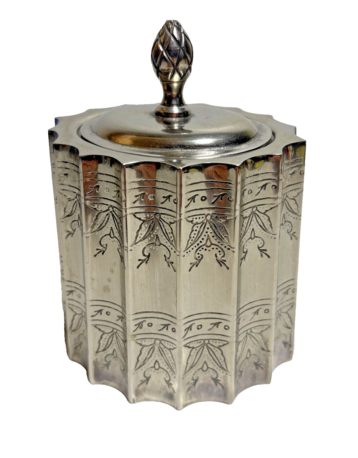 Vintage Silver Plate Scalloped Trinket Box w Acorn Finial Lid