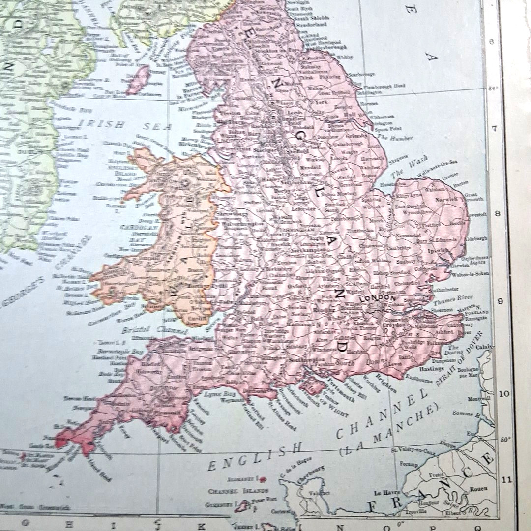 Antique 1905 British Isles United Kingdom Color Map Rand-McNally Atlas Page