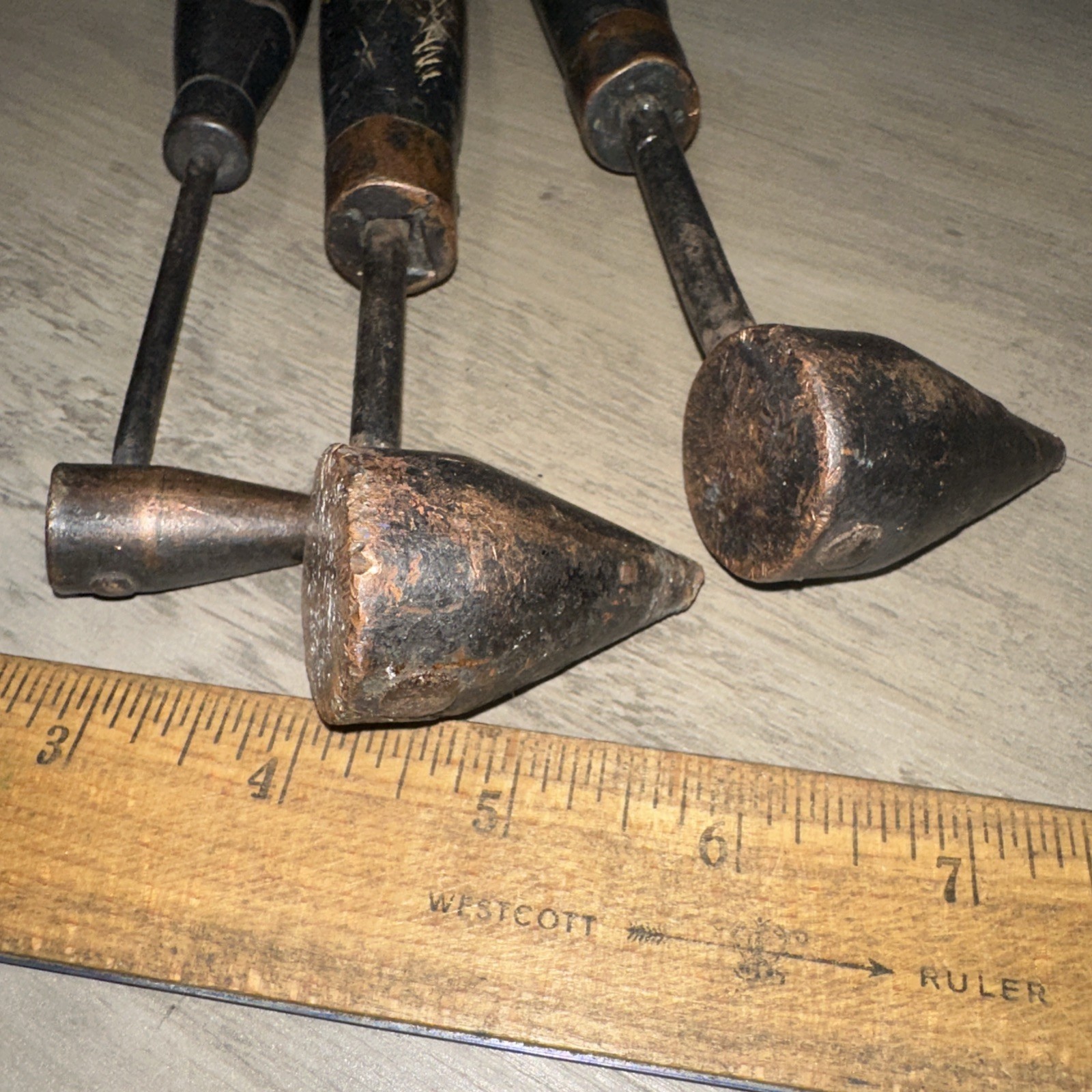 3 Unknown Antique Copper Tools With Wood Handles. Coppersmith Tools?